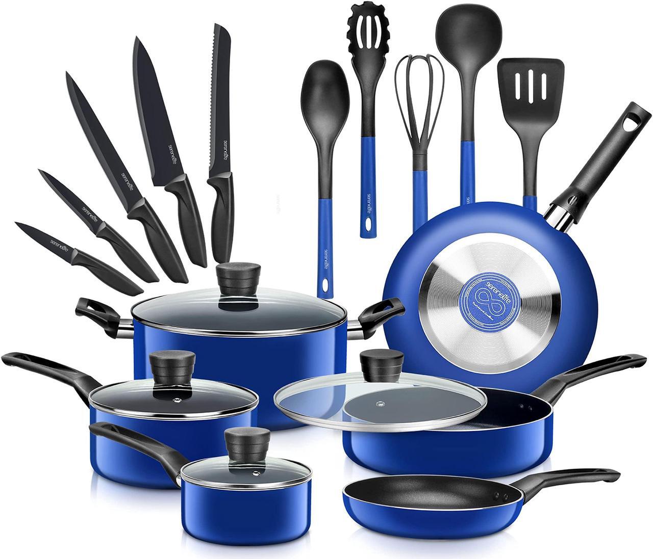 Main image of SereneLife Kitchenware Pots & Pans Basic Kitchen Cookware, Black Non-Stick Coating Inside, Heat Resistant Lacquer (20-Piece Set), One Size, Blue
