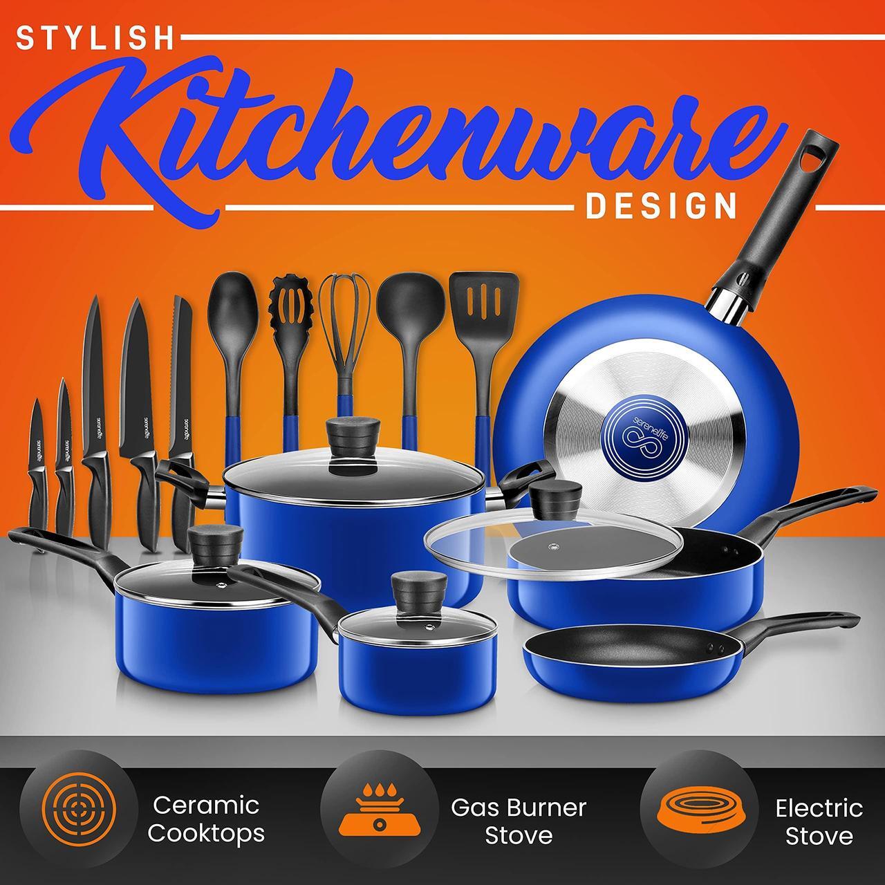 Alt view image 4 of 7 - SereneLife Kitchenware Pots & Pans Basic Kitchen Cookware, Black Non-Stick Coating Inside, Heat Resistant Lacquer (20-Piece Set), One Size, Blue