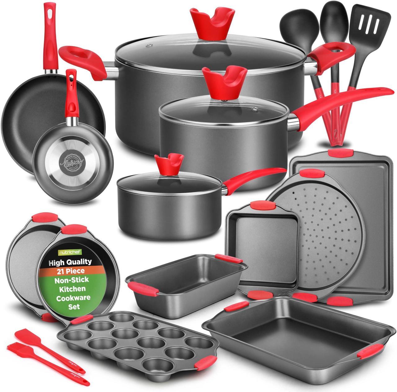 NutriChef, Cookware Set, Bakeware Set, Pots And Pan Set, Kitchen Essentials, Kitchen Utensils Set, 21 Piece Set, Black Nonstick Coating With Red Silicone Handles