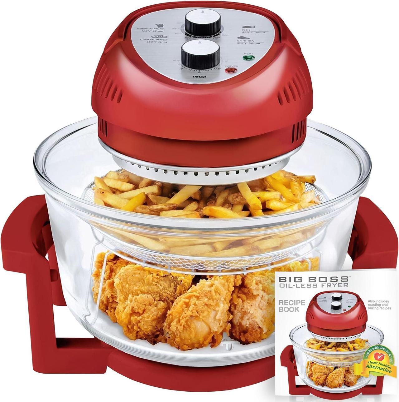 Big Boss Air Fryer, Large 16 Quart Oil-Less AirFryer with Built in Timer, Air Fryers, Dishwasher Safe, Friteuse a Air Chaud, Includes 50+ Recipe Book - Red