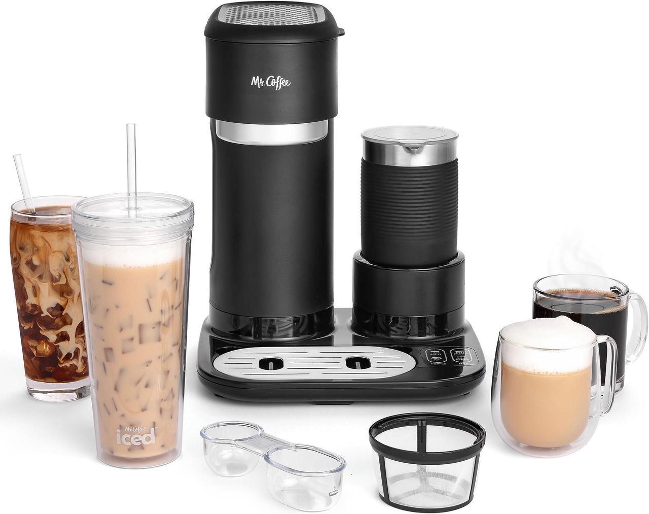 Mr. Coffee 4-in-1 Single-Serve Latte, Iced and Hot Coffee Maker | Coffee Machine with Milk Frother, Tumbler and Reusable Filter | Black