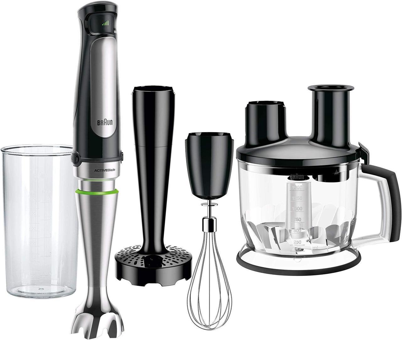 Braun MultiQuick Immersion Hand Blender + 6-Cup Food Processor, Whisk, Beaker, Masher, MQ7077, Black