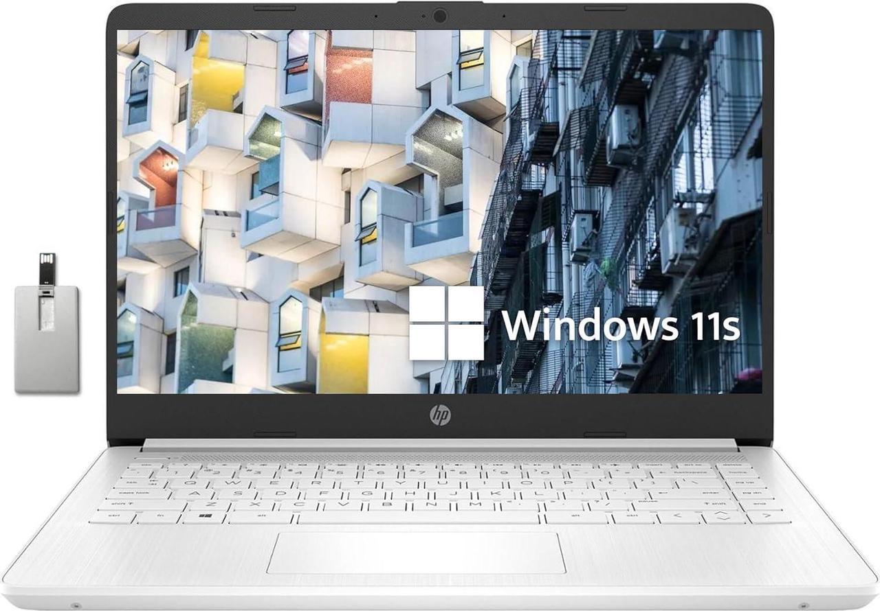 HP Premium 14" Stream HD Laptop, Intel Celeron N4120 CPU, 4GB RAM, 64GB eMMC, Webcam, UHD Graphics, Bluetooth, WiFi, HDMI, 1 Year Office 365, Win 11s, White, 32GB Hotface USB Card