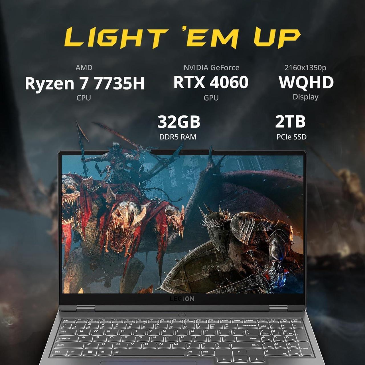 Alt view image 2 of 7 - Lenovo Legion 5 Gaming Laptop, 15.6" WQHD(2160x1350) 165Hz, AMD Ryzen 7 7735H, NVIDIA GeForce RTX 4060 8GB, 32GB DDR5 RAM, 2TB SSD, Backlit Keyboard, WiFi 6E, Win 11, Gray, 32GB USB Card
