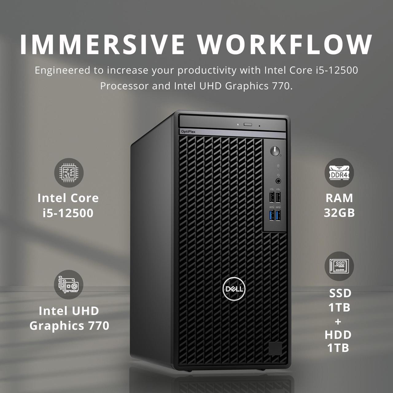 Alt view image 2 of 7 - Dell OptiPlex 3000 Full Size Tower Business Desktop, Intel Core i5-12500 processor, 32GB DDR4 RAM, 1TB PCIe SSD + 1TB HDD, DVDRW, Ethernet, WiFi Adapter, KB& Mouse, Windows 11 Pro, Black