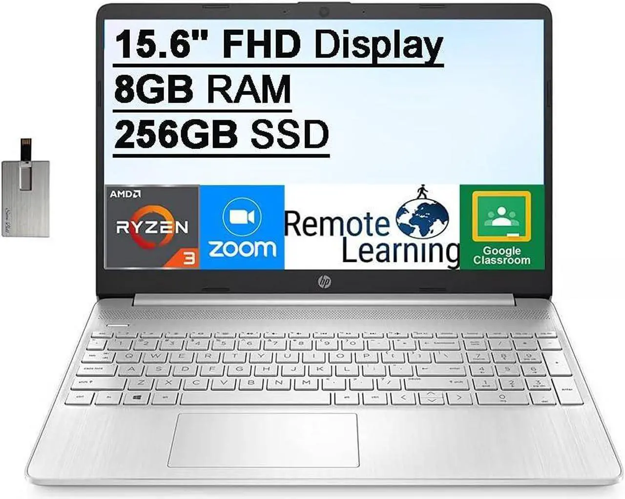 Main image of HP 15.6" FHD Display Laptop Computer, AMD Ryzen 3-3250U Processor(Beats Intel i5-1035G1), 8GB DDR4 RAM, 256GB SSD, AMD Radeon Graphics, HD Webcam, HDMI, Win 10S, Silver, 32GB Hotface USB Card