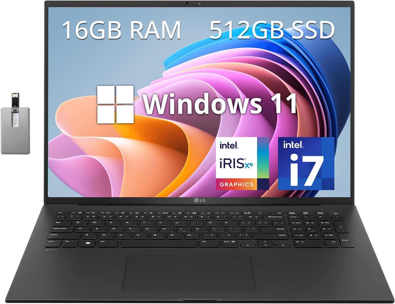 LG gram 17" WQXGA  IPS-Type Laptop, 13th Gen Intel Core i7-1360P, 16GB LPDDR4X RAM, 512GB PCIe SSD, Intel Iris Xe Graphics, Backlit Keyboard, HD Webcam, Wi-Fi 6E, Win 11 Pro, Black, 32GB USB Card