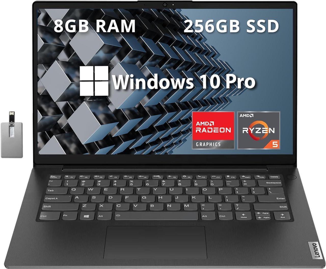 LENOVO V14 G2 14" FHD Business Laptop, AMD Ryzen 5 5500U, 8GB RAM, 256GB PCIe SSD, AMD Radeon Graphics, HD Camera, Standard Keyboard, Dolby Audio, WiFi, Win 10 Pro, Black, 32GB SnowBell USB Card