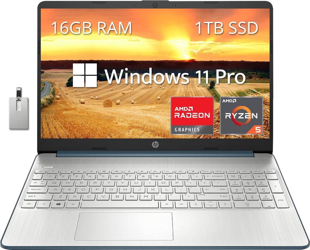 HP 15.6" FHD Laptop, AMD Ryzen 5-5500U Processor, 16GB RAM, 1TB PCIe SSD, AMD Radeon Graphics, 720P HD Webcam, Bluetooth, Wi-fi, Win 11 Pro, Blue, 32GB Hotface USB Card