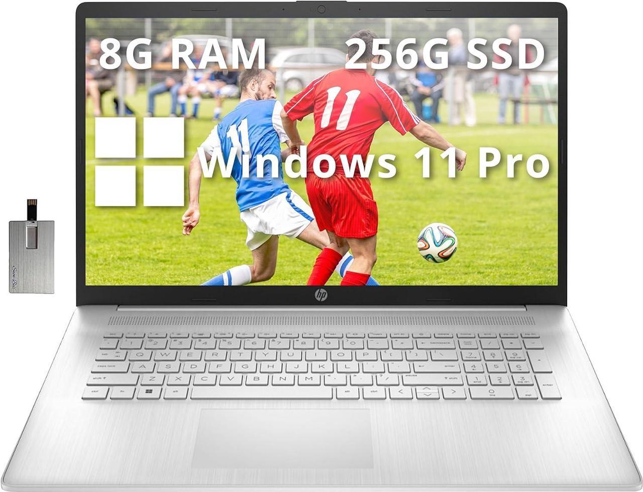 HP 17.3" Anti-Glare HD+ Laptop, AMD Ryzen 3 7320U, 8GB LPDDR5, 256GB PCIe SSD, AMD Radeon Graphics, HD Webcam, Fast Charge, HDMI, Silver, Win 11 Pro, 32GB Hotface USB Card