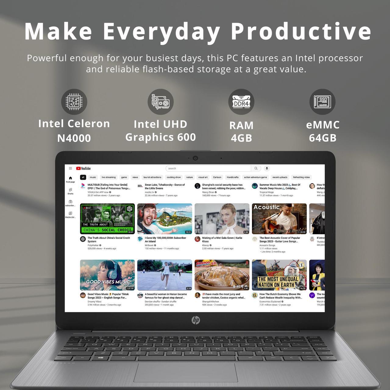 Alt view image 2 of 7 - HP Stream 14" HD SVA Laptop, Intel Celeron N4120 Processor, 4GB RAM, 64GB eMMC Flash Memory, Intel UHD Graphics 600, 1-Year Office, Bluetooth, Win 11S, Black, 128GB Hotface USB Card