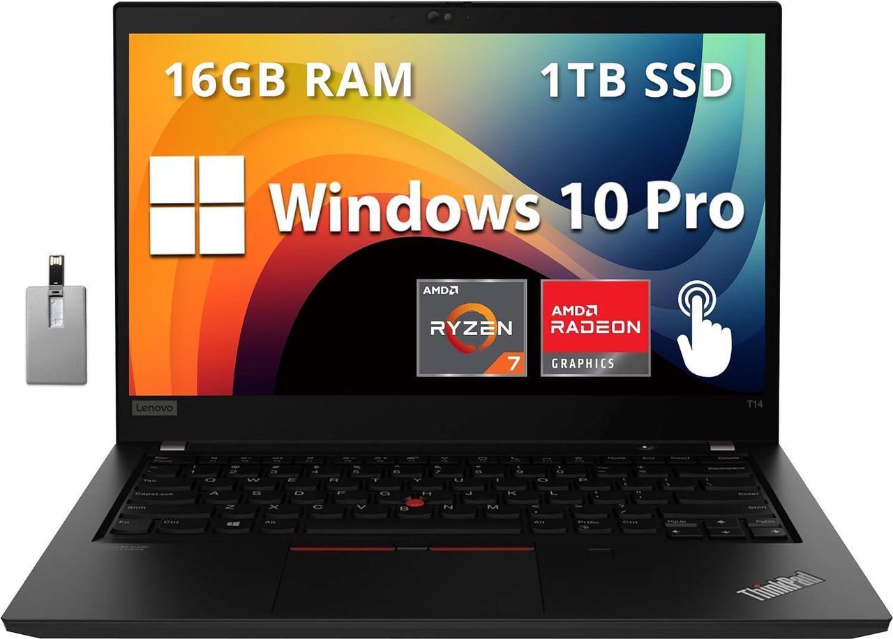 Lenovo ThinkPad T14 Gen 2 Business Laptop, 14" FHD Display, AMD Ryzen 7 Pro 5850U, 16GB RAM, 1TB PCIe SSD, AMD Radeon Graphics, 720P HD Webcam, Wi-Fi 6, Win 10 Pro, Black, 32GB Hotface USB Card