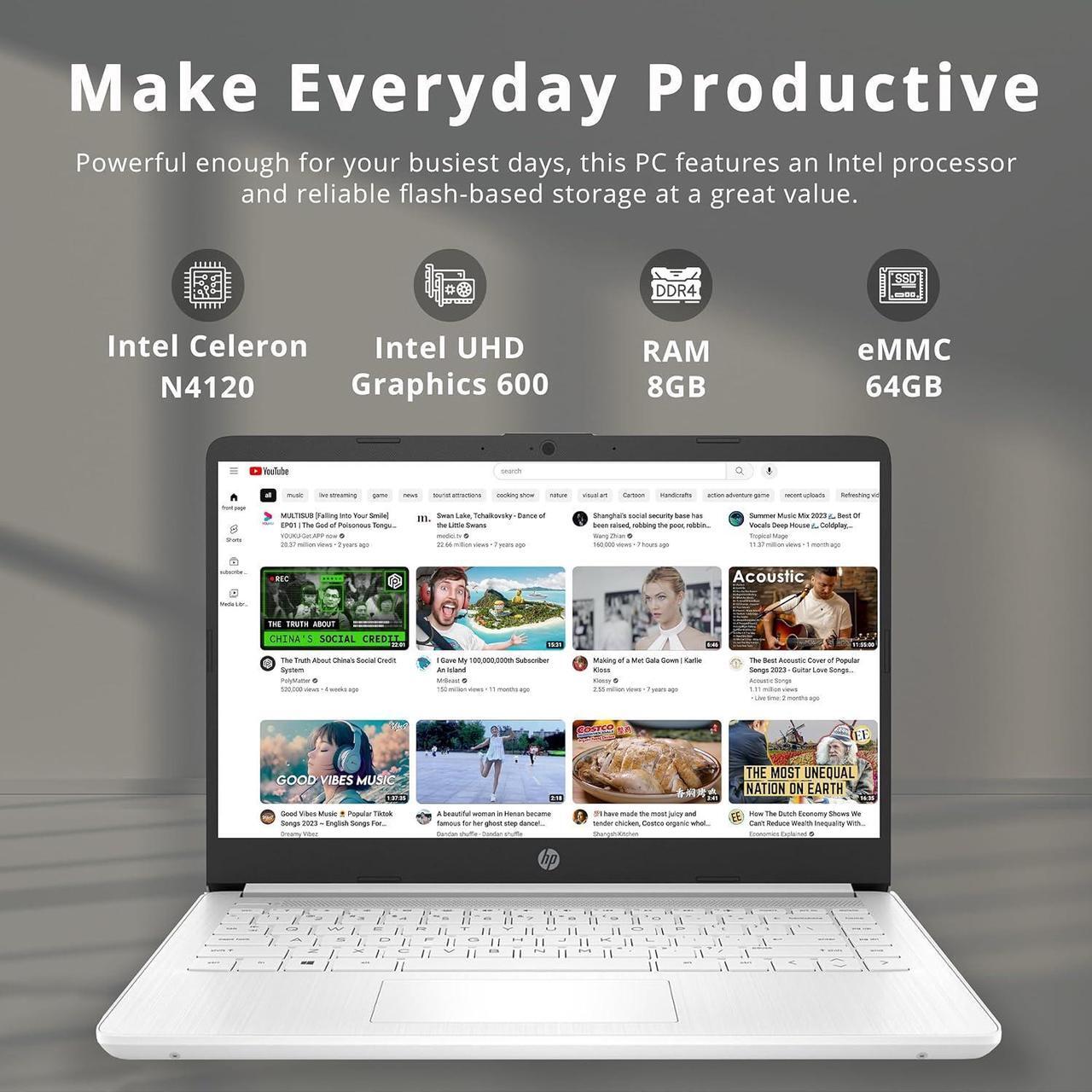 Alt view image 2 of 7 - HP Premium Stream 14" HD BrightView Laptop, Intel Celeron N4120, 8GB RAM, 64GB eMMC, Intel UHD Graphics, Bluetooth, Webcam, 1 Year Office 365, WiFi, HDMI, Win 11s, White, 32GB Hotface USB Card