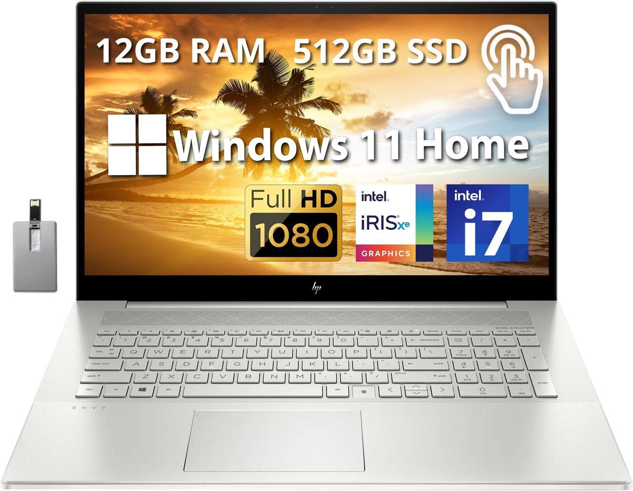 HP Envy 17.3" Full HD Touchscreen Laptop, Intel Core i7-1195G7 Processor, 12GB RAM, 512GB SSD, Intel Iris Xe Graphics, Backlit Keyboard, 720p HD Webcam, Windows 11, Silver, 32GB Hotface USB Card