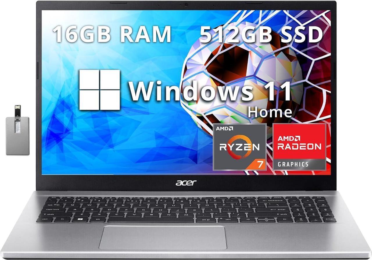 Acer Aspire 3 15.6" FHD Laptop, AMD Ryzen 7 5700U Processor, 16GB RAM, 512GB SSD, AMD Radeon Graphics, Numeric Keypad, 720p HD Webcam, Wi-Fi 6, Windows 11 Home, Silver, 32GB Hotface USB Card