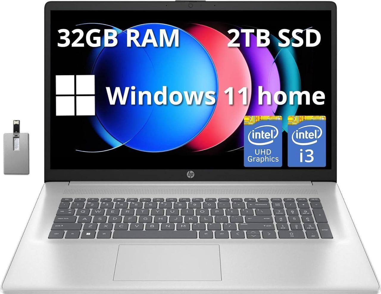 HP 17.3" Full HD Laptop, Intel Core i3 1215U Processor, 32GB DDR4 RAM, 2TB PCIe SSD, Intel UHD Graphics, Wi-Fi 5, HD Camera, Windows 11 Home, Natural Silver, 32GB Hotface USB Card