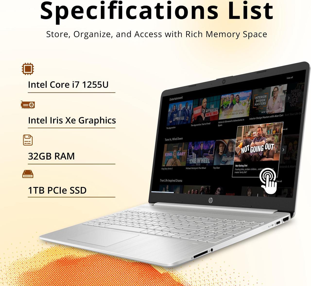 Alt view image 2 of 7 - HP 15.6" FHD Touchscreen Laptop, Intel Core i7 1255U Processor, 32GB RAM, 1TB PCIe SSD, Intel Iris Xe Graphics, Number Pad, Wi-Fi 5, HD Camera, Windows 11, Silver, 32GB Hotface USB Card