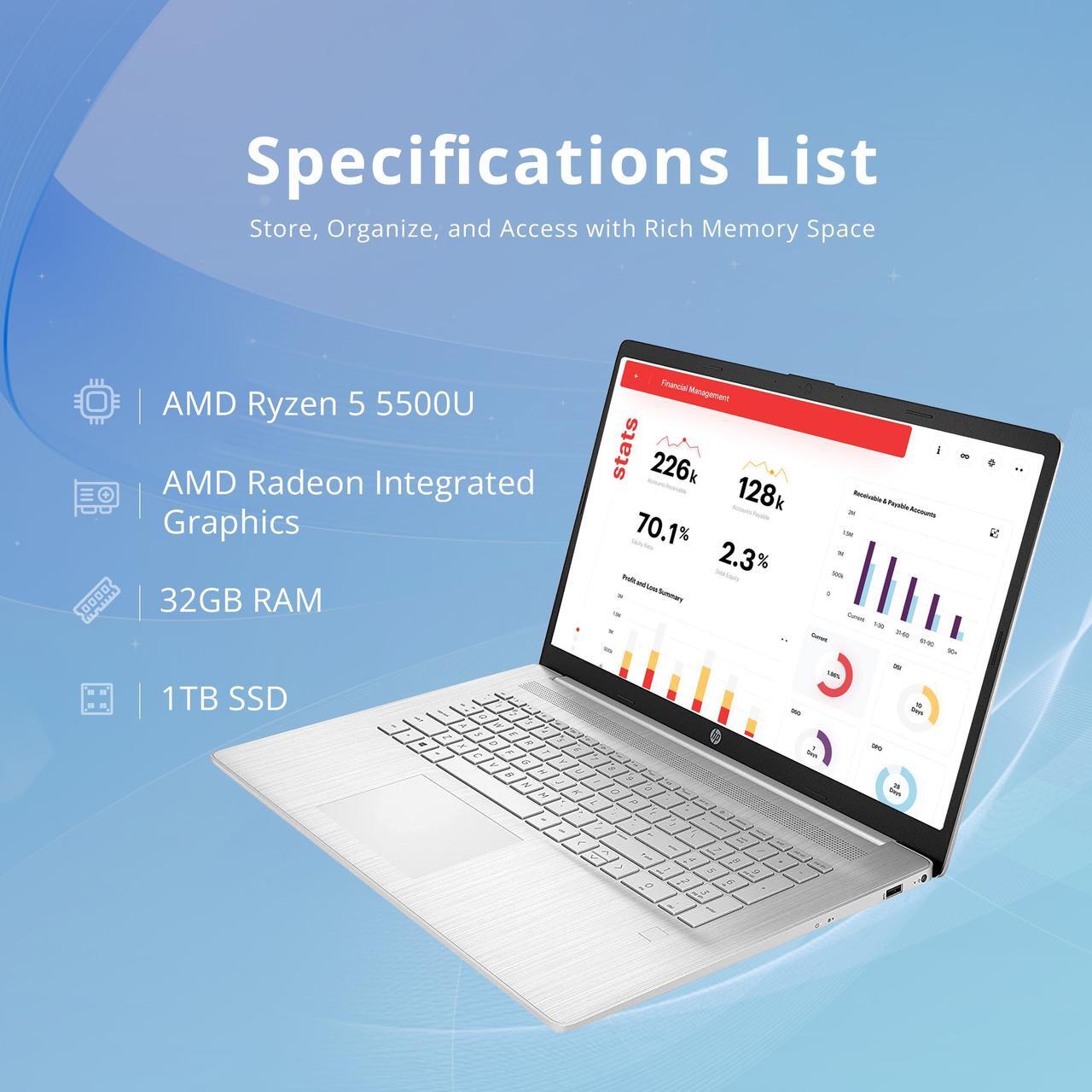Alt view image 2 of 7 - HP 17.3" FHD Laptop, AMD Ryzen 5 5500U, 32GB RAM, 1TB SSD, AMD Radeon Graphics, Fingerprint Reader, Numeric Keyboard, 720p HD Webcam, WiFi, Windows 11 Pro, Silver, 32GB Hotface USB Card