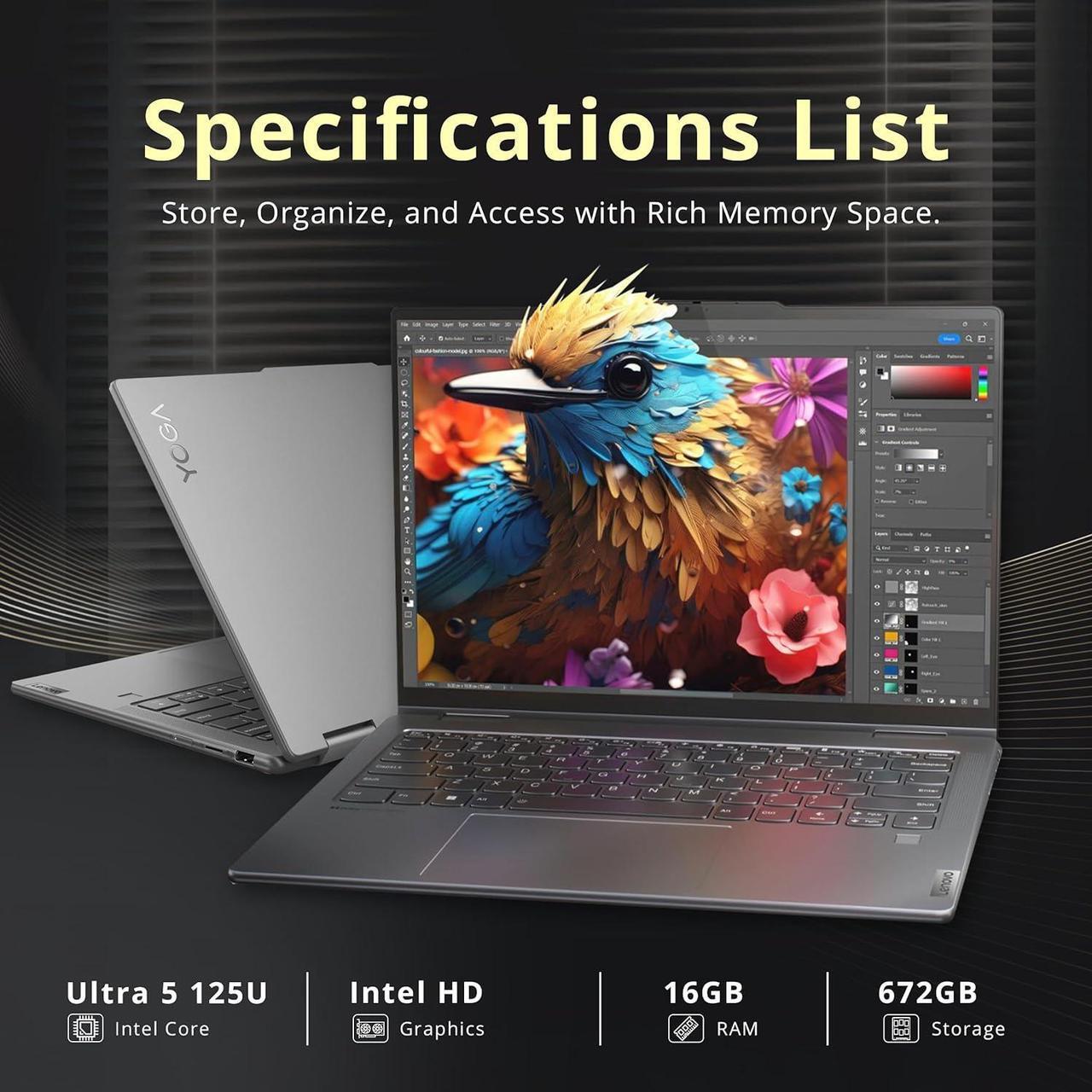Alt view image 3 of 7 - Lenovo Yoga 7i 14" 2K Touchscreen 2-in-1 Laptop, Intel Ultra 5 125U, 16GB RAM, 672GB Storage(512GB SSD+160GB Docking Station Set), Backlit KB, Privacy Camera, Wi-Fi 6E, Fingerprint, Win 11 Home, Gray