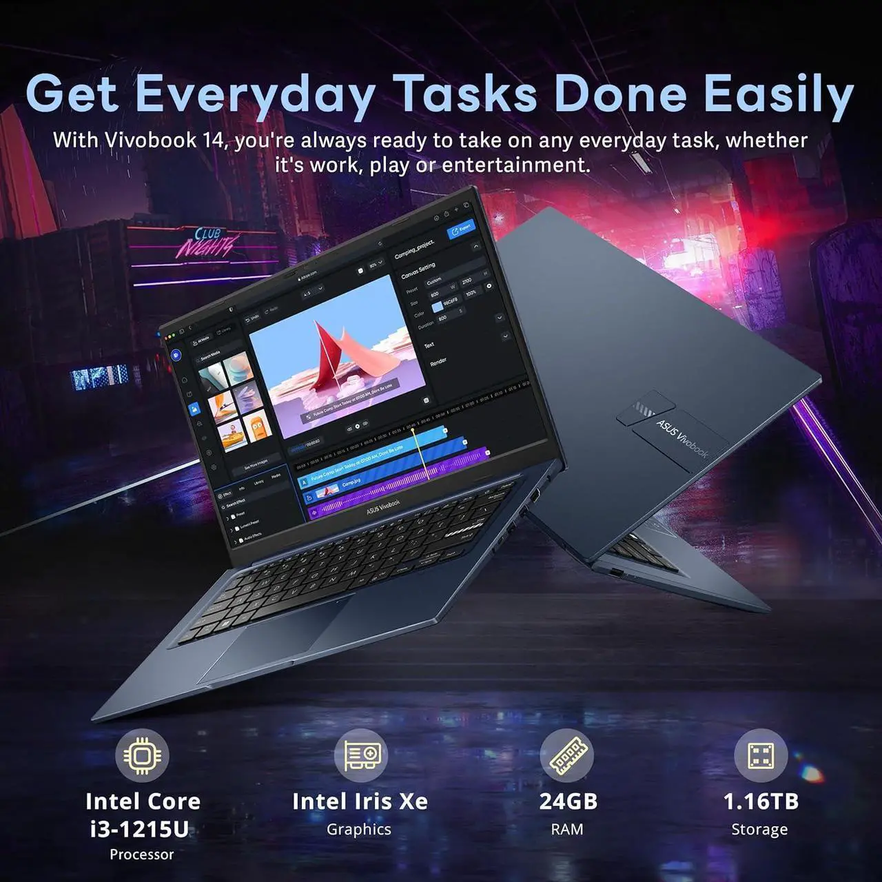 Alt view image 3 of 7 - ASUS Vivobook 14" FHD Anti-glare Laptop, Intel i3-1215U, 24GB RAM, 1.16TB Storage(1TB SSD+160GB Docking Station Set), Intel Iris Xe Graphics, HD Camera, WiFi 6E, Bluetooth, Win 11, Quiet Blue