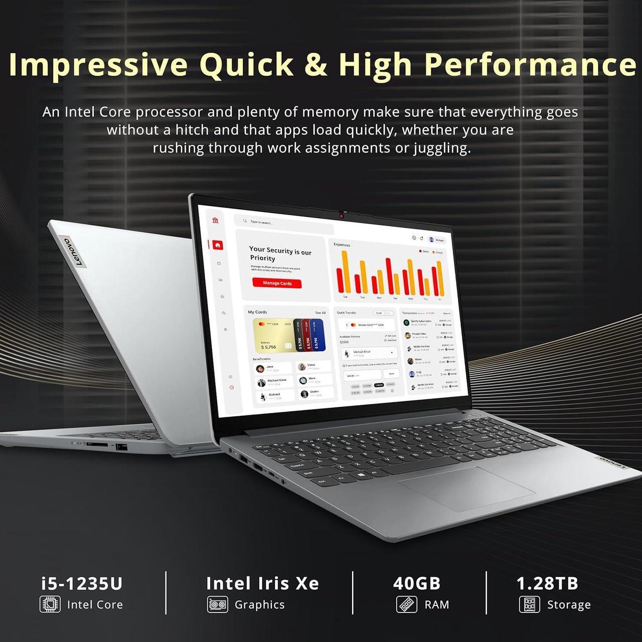 Alt view image 3 of 7 - Lenovo IdeaPad 1i 15.6" FHD Business Laptop, Intel i5-1235U, 40GB RAM, 1.28TB Storage(1TB SSD+288GB Docking Station Set), Intel Iris Xe Graphics, Num Pad, 720p Webcam, WiFi 6, Win 11 Pro, Gray