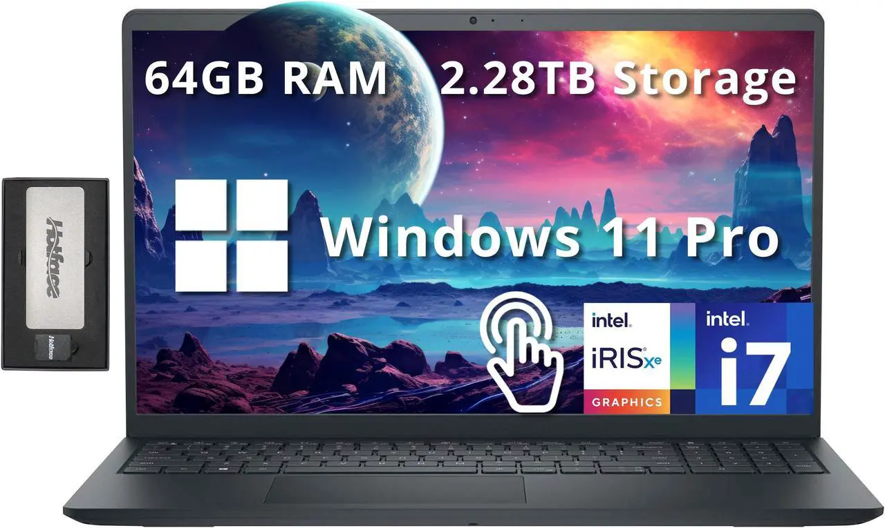 Main image of Dell Inspiron 15 3520 15.6" FHD Touch Laptop, Intel i7-1255U, 64GB RAM, 2TB PCIe SSD, Intel Iris Xe Graphics, Num Pad, Camera, WiFi, HDMI, Black, Win 11 Pro