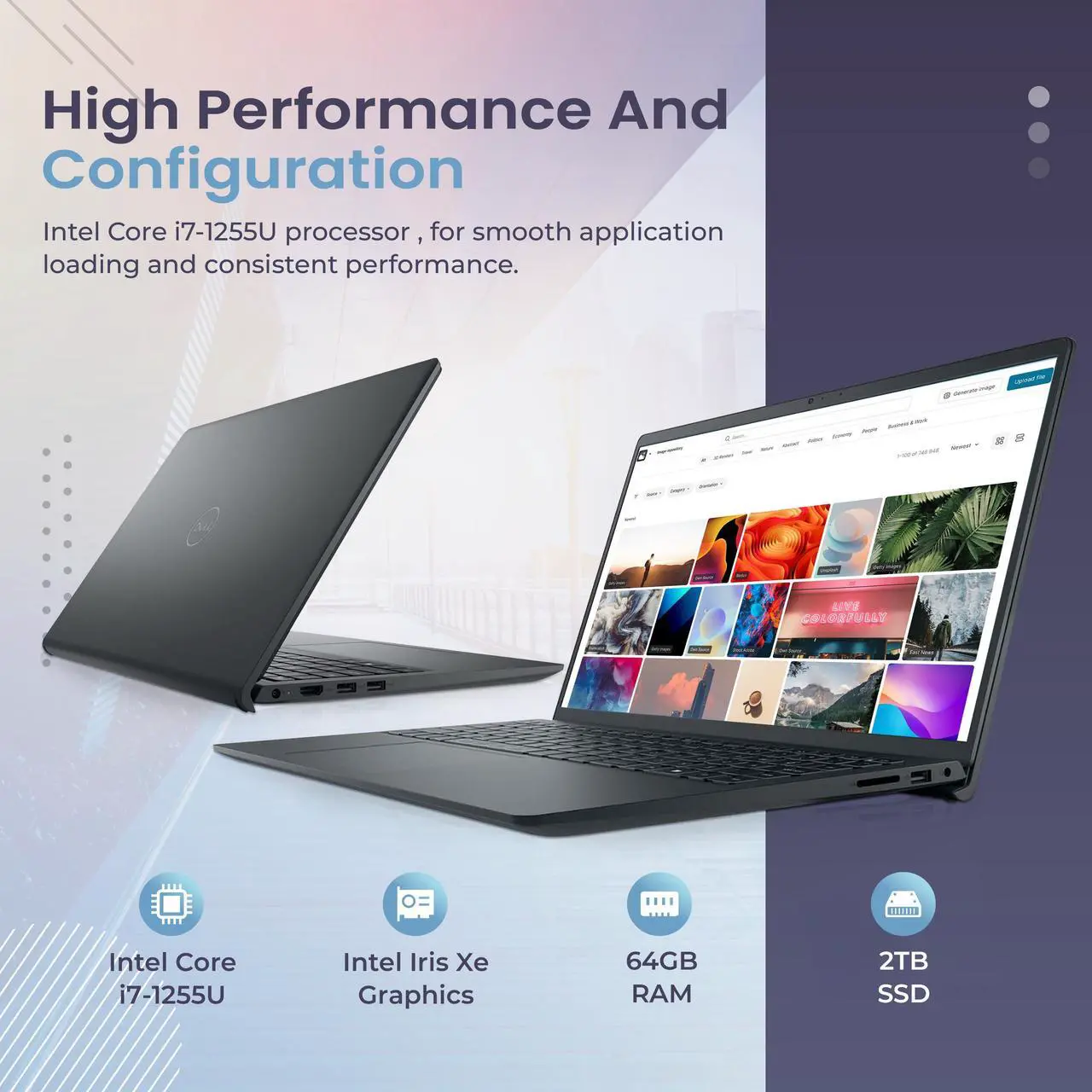 Alt view image 2 of 7 - Dell Inspiron 15 3520 15.6" FHD Touch Laptop, Intel i7-1255U, 64GB RAM, 2TB PCIe SSD, Intel Iris Xe Graphics, Num Pad, Camera, WiFi, HDMI, Black, Win 11 Pro