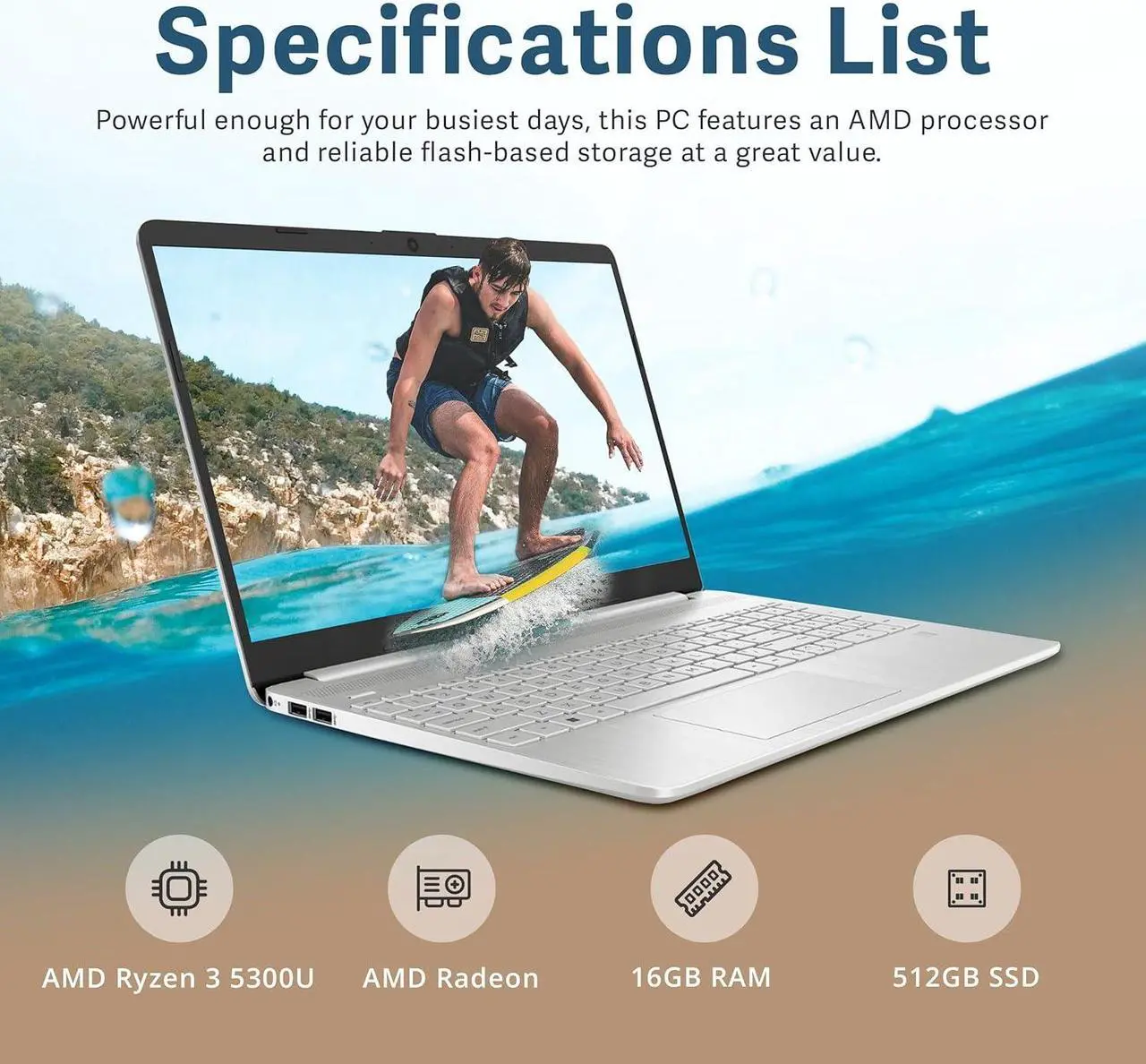 Alt view image 2 of 7 - HP 15.6" HD Business Laptop, AMD Ryzen 3-5300U Processor, 16GB RAM, 512GB SSD, AMD Radeon Graphics, 720p HD Camera, Numeric Keypad, Wi-Fi, Windows 11, Silver, 32GB Hotface USB Card