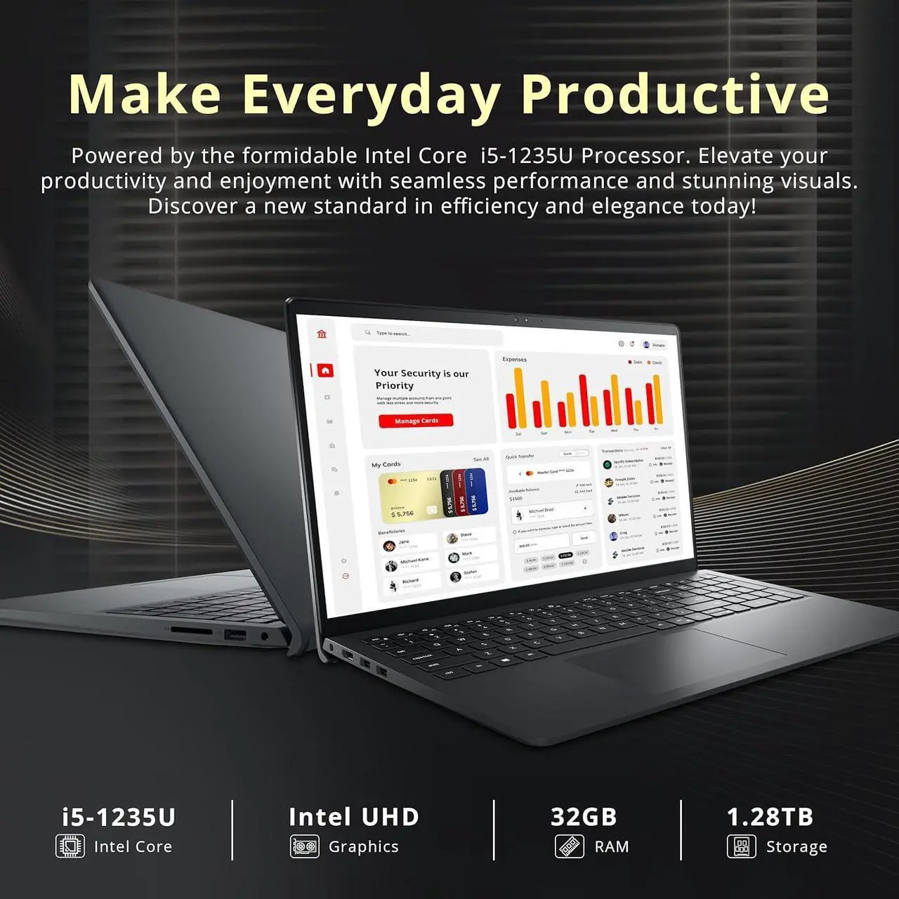 Alt view image 3 of 6 - Dell Inspiron 15 15.6" FHD Touchscreen Laptop, Intel i5 1235U, 32GB RAM, 1.28TB Storage(1TB SSD+288GB Docking Station Set), Intel UHD Graphics, Num Pad, Webcam, Wi-Fi 5, Bluetooth, Win 11, Black