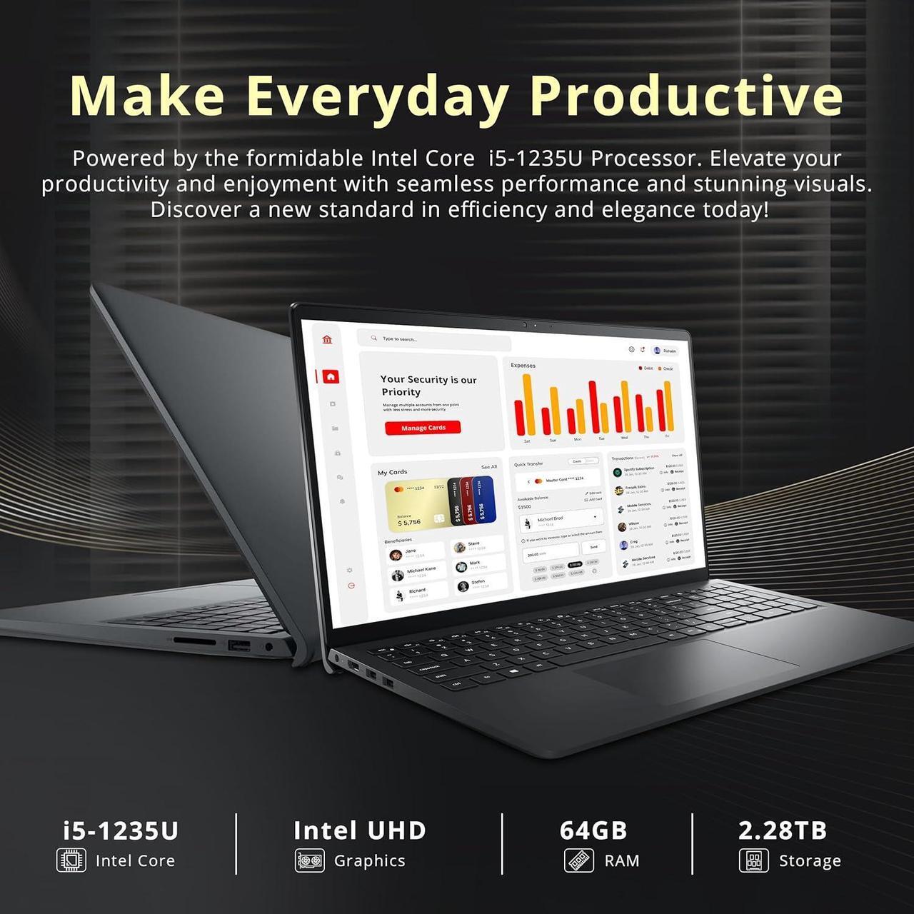 Alt view image 3 of 7 - Dell Inspiron 15.6" Touchscreen Laptop, Intel i5-1235U, 64GB RAM, 2.28GB Storage(2TB SSD+288GB Docking Station Set), Intel UHD Graphics, Numeric Keypad, 720p HD Webcam, Wi-Fi, Windows 11 Pro, Black