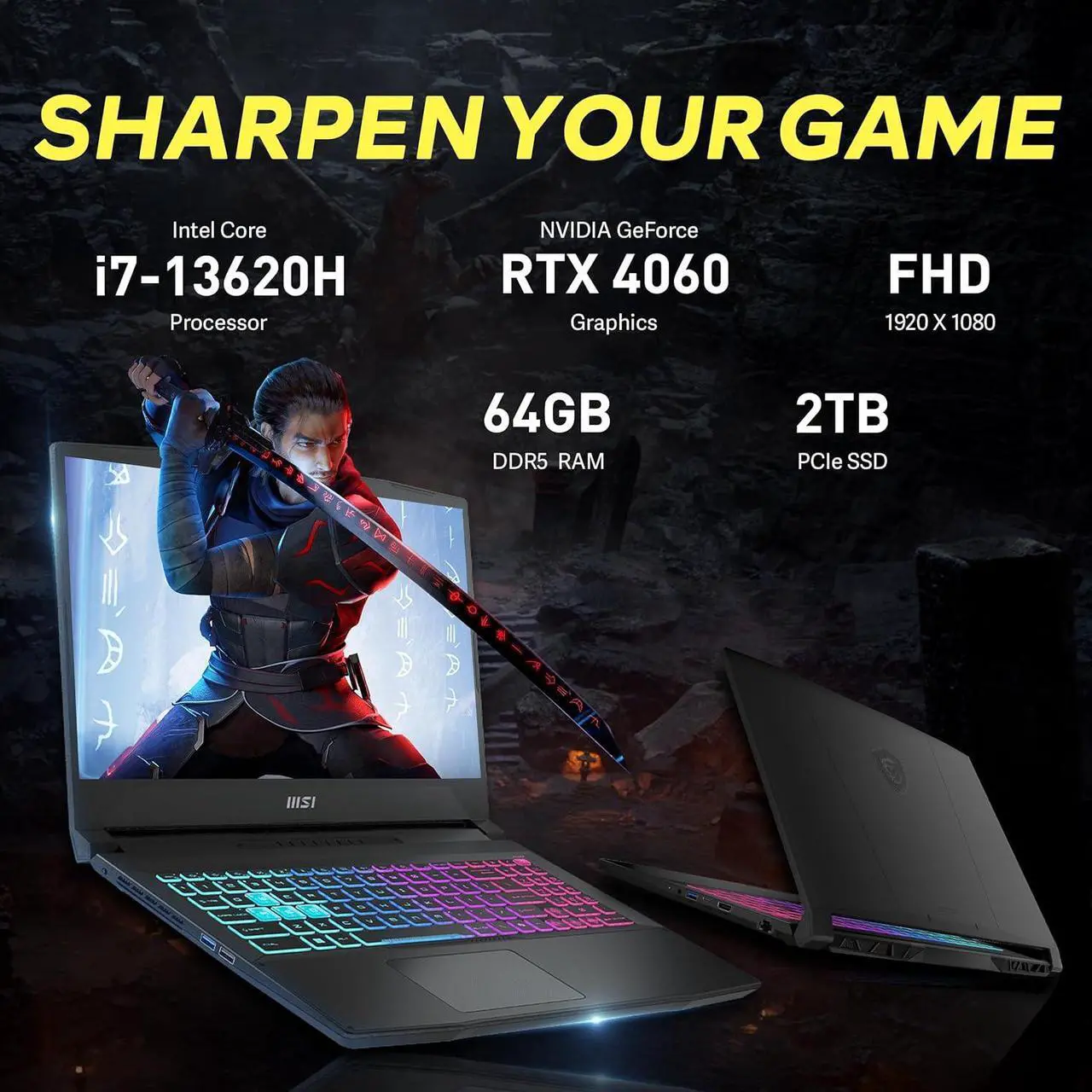 Alt view image 3 of 7 - MSI Katana 15.6" FHD 144Hz Gaming Laptop, Intel i7-13620H, NVIDIA GeForce RTX 4060 8GB, 64GB DDR5, 2TB PCIe SSD, 4-Zone RGB Keyboard, Webcam, Wi-Fi 6, Win 11 Pro, Black, 256GB Docking Station Set