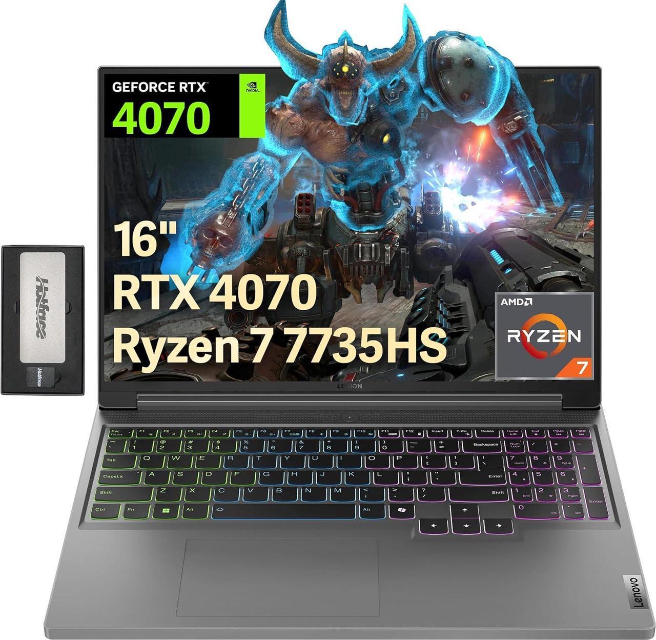 Lenovo Legion Slim 5 16" WQXGA 165Hz Gaming Laptop, AMD Ryzen 7 7735HS, 32GB DDR5, 1TB PCIe SSD, NVIDIA GeForce RTX 4070, FHD Webcam, RGB Backlit Keyboard, Win 11 Home, Grey, 256GB Docking Station Set