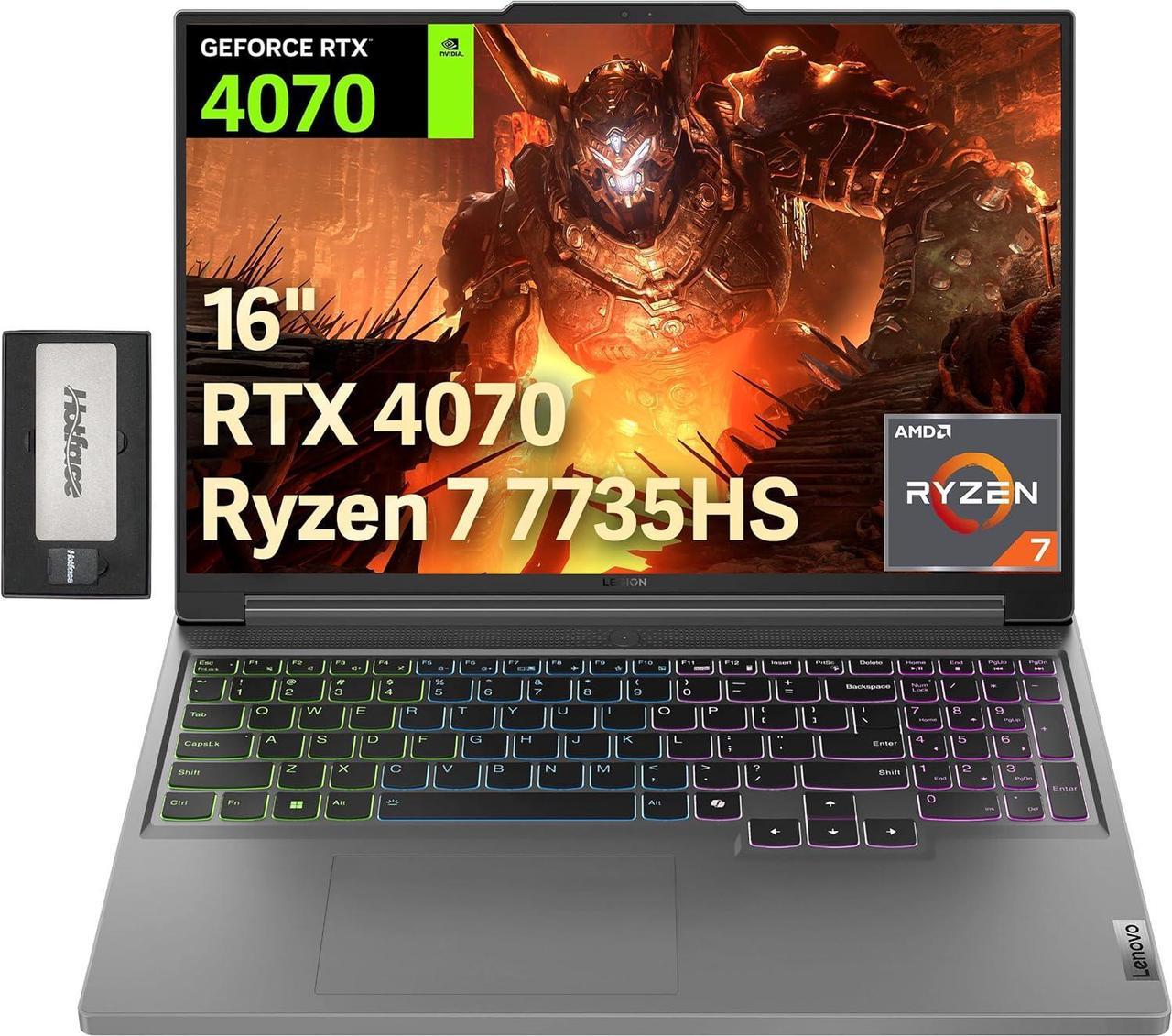 Lenovo Legion Slim 5 16" WQXGA Gaming Laptop, AMD Ryzen 7 7735HS, 32GB DDR5, 1TB SSD, NVIDIA GeForce RTX 4070 8GB, Backlit Keyboard, FHD Webcam, Wi-Fi 6E, Win 11 Pro, Gray, 256GB Docking Station Set