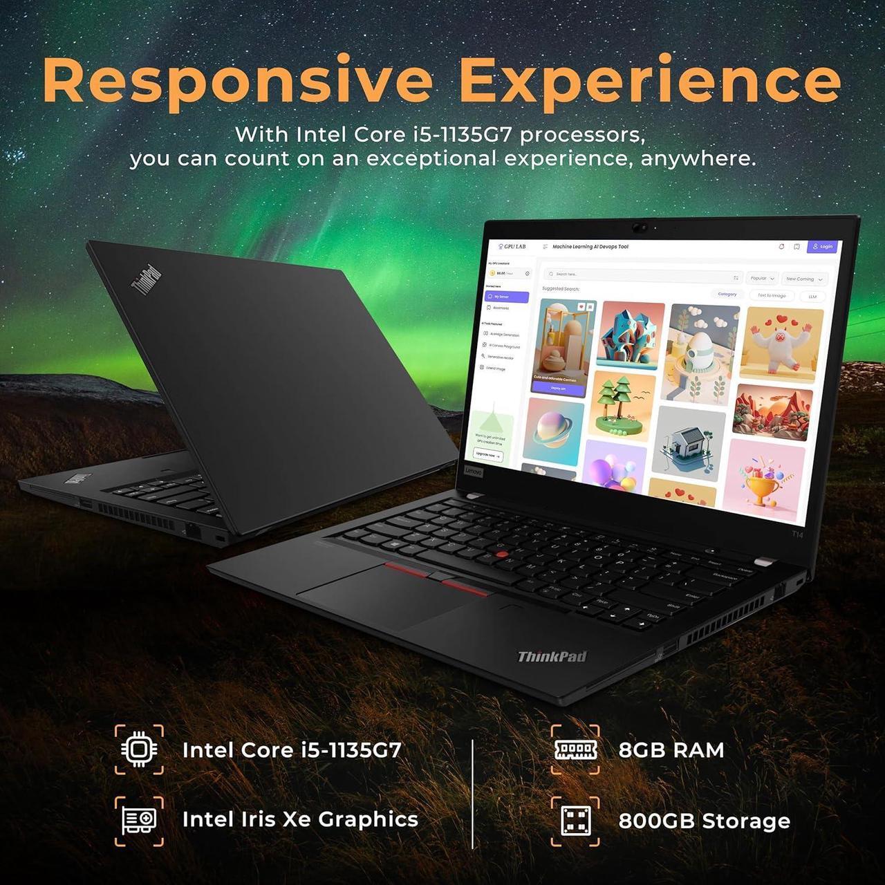 Alt view image 3 of 6 - Lenovo ThinkPad T14 Gen 2 14" FHD Business Laptop, Intel i5-1135G7, 8GB RAM, 800GB Storage (512GB SSD+288GB Docking Station), Intel Iris Xe Graphics, Webcam, Wi-Fi 6E, Bluetooth, Black, Win 11 Pro