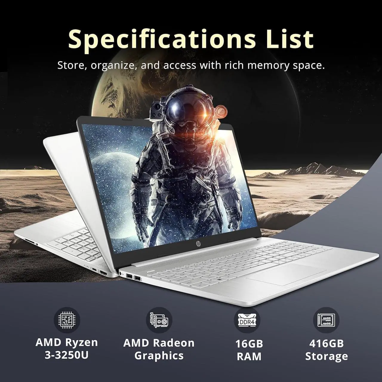 Alt view image 3 of 7 - HP 15.6" FHD Laptop, AMD Ryzen 3-3250U Processor, 16GB RAM, 416GB Storage(256GB SSD + 160GB Docking Station Set), AMD Radeon Graphics, Numeric Keypad, 720p HD Webcam, WiFi, Windows 10S, Silver