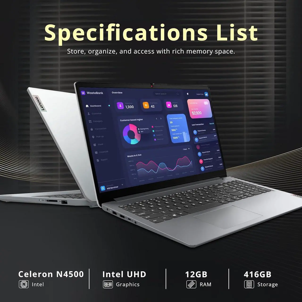 Alt view image 3 of 7 - Lenovo Ideapad 1 15.6" HD Anti-Glare Laptop, Intel Celeron N4500, 12GB RAM, 416GB Storage(256GB SSD+160GB Docking Station Set), Intel UHD Graphics, Num Pad, Webcam, Win 11s, Grey