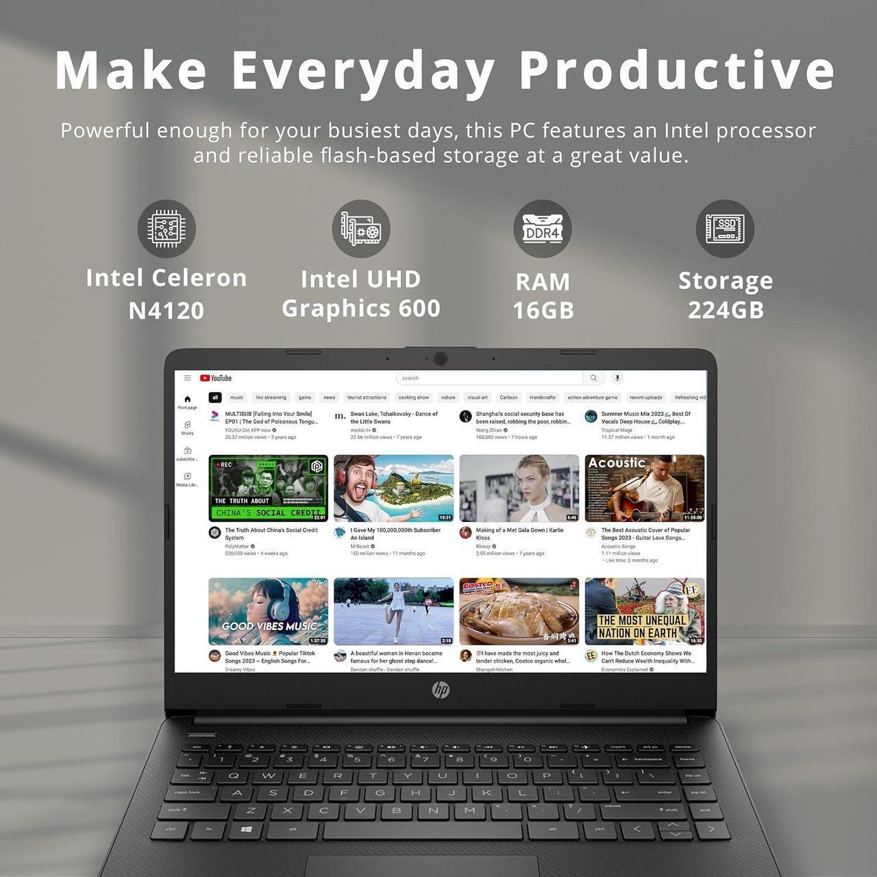 Alt view image 3 of 7 - HP Stream 14" HD Lightweight Laptop, Intel Celeron N4120, 16GB RAM, 224GB Storage(64GB eMMC + 160GB Docking Station), Intel UHD Graphics, HD Webcam, 1 Year Office 365, WiFi, Bluetooth, Win 11s, Black