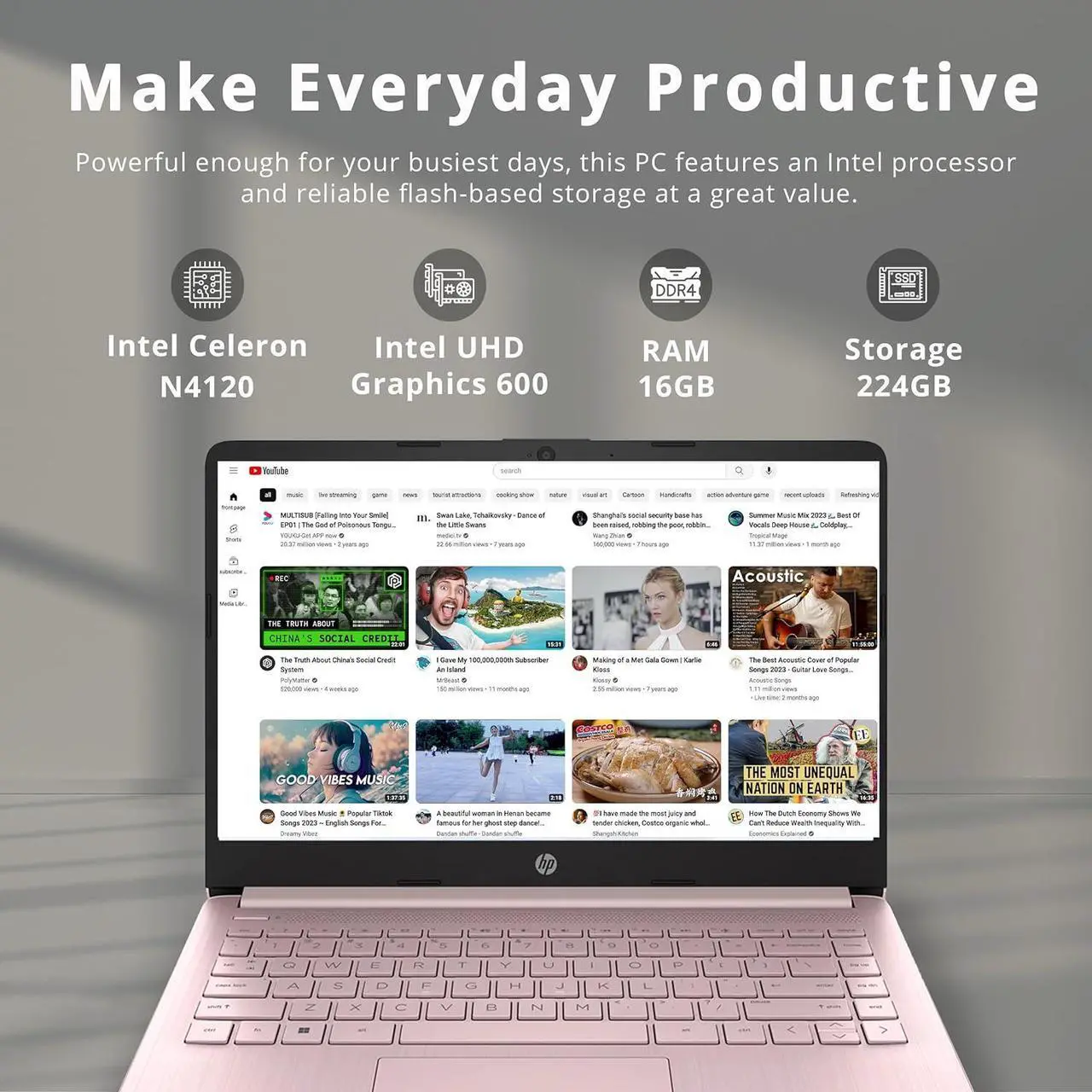 Alt view image 3 of 7 - HP Stream 14" HD Lightweight Laptop, Intel Celeron N4120, 16GB RAM, 224GB Storage(64GB eMMC + 160GB Docking Station), Intel UHD Graphics, HD Webcam, 1 Year Office 365, WiFi, Bluetooth, Win 11s, Pink