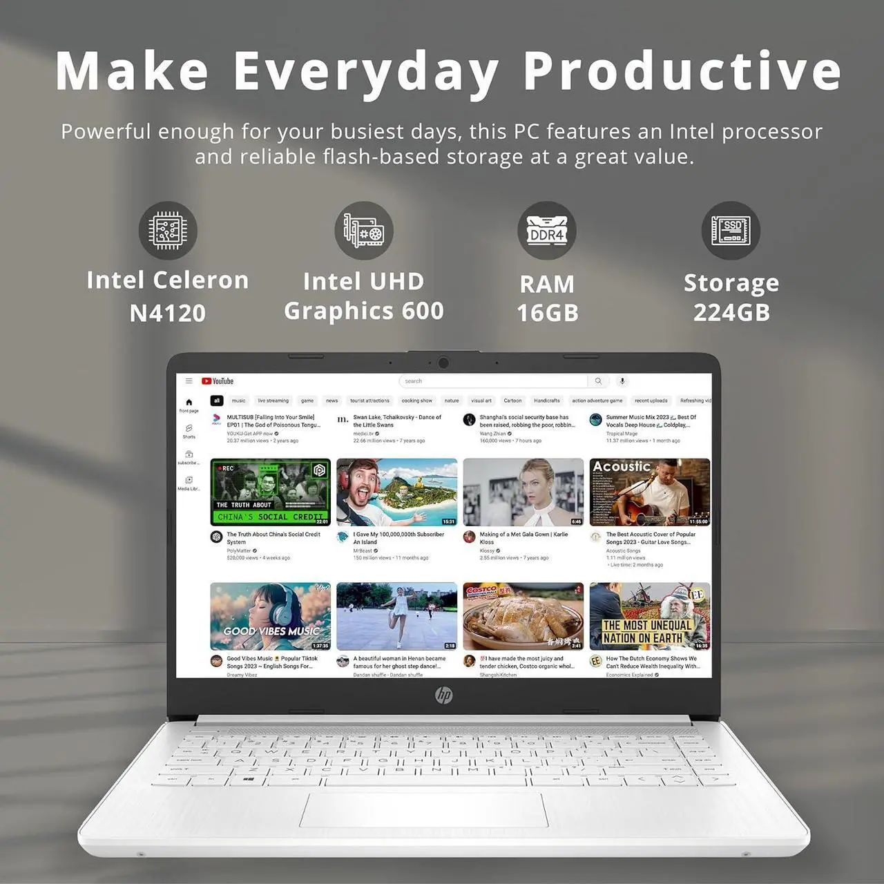 Alt view image 3 of 7 - HP Stream 14" HD Lightweight Laptop, Intel Celeron N4120, 16GB RAM, 224GB Storage(64GB eMMC + 160GB Docking Station), Intel UHD Graphics, HD Webcam, 1 Year Office 365, WiFi, Bluetooth, Win 11s, White