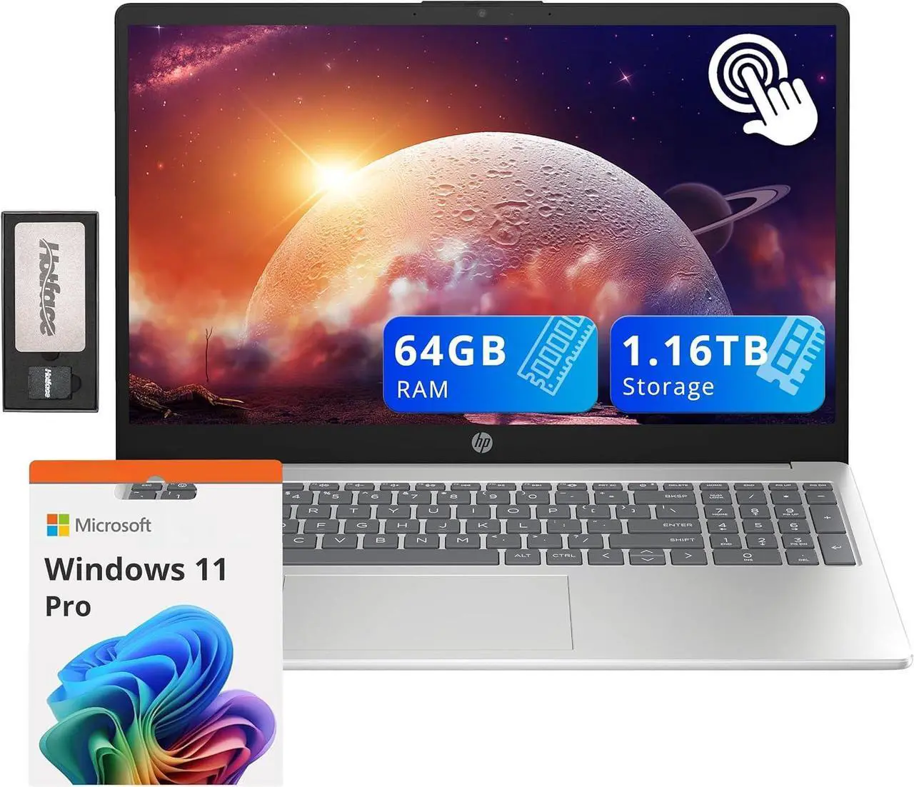 Main image of HP 15.6" HD Touchscreen Laptop, Intel i3-1215U, 64GB RAM, 1.16TB Storage(1TB SSD+160GB Docking Station Set), Intel UHD Graphics, Num Pad, Webcam, Fast Charge, Wi-Fi 6E, Win 11 Pro, Silver