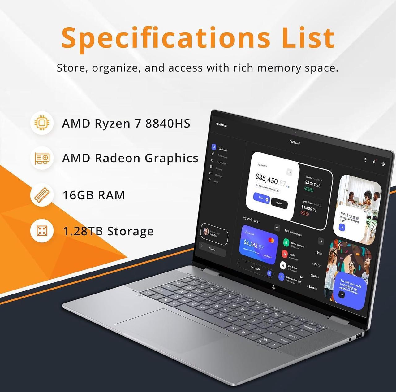 Alt view image 3 of 7 - HP Envy x360 2-in-1 16" WUXGA Touchscreen Laptop, AMD Ryzen 7 8840HS, 16GB LPDDR5, 1.28TB Storage (1TB SSD+288GB Docking Station Set), Backlit Keyboard, 5MP IR Camera, Wi-Fi 6E, Win 11 Home, Silver