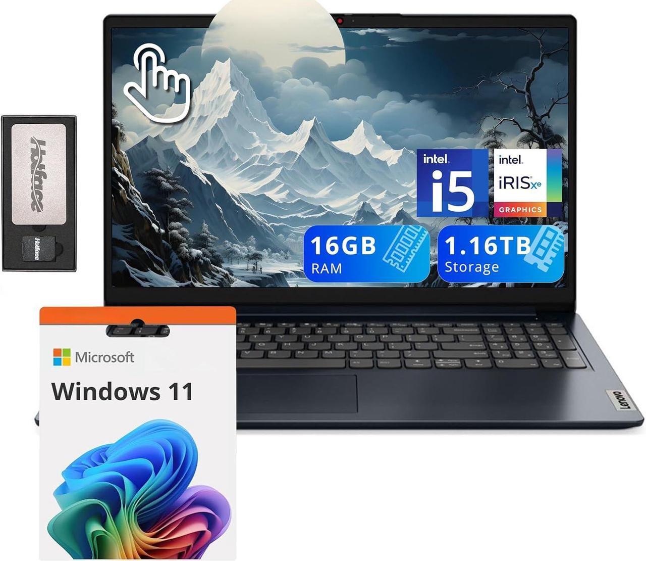 Main image of Lenovo IdeaPad 1i 15.6" FHD Touchscreen Laptop, Intel i5-1235U, 16GB RAM, 1.16TB Storage(1TB SSD+160GB Docking Station Set), Intel Iris Xe Graphics, Num Pad, Dolby Audio, Wi-Fi 6, Win 11, Abyss Blue