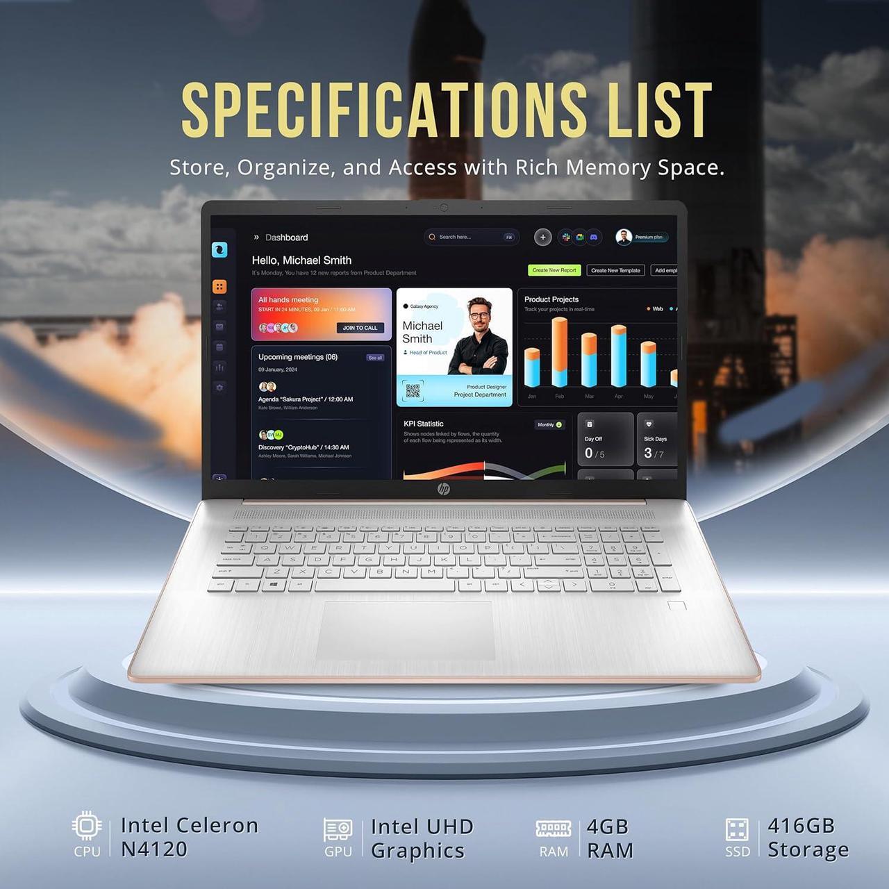 Alt view image 3 of 7 - HP 17.3" HD+ BrightView Laptop, Intel Celeron N4120, 4GB RAM, 416GB Storage (256GB SSD + 160GB Docking Station Set), Intel UHD Graphics, Numeric Keypad, HD Webcam, Wi-Fi, Windows 11 Pro, Rose Gold