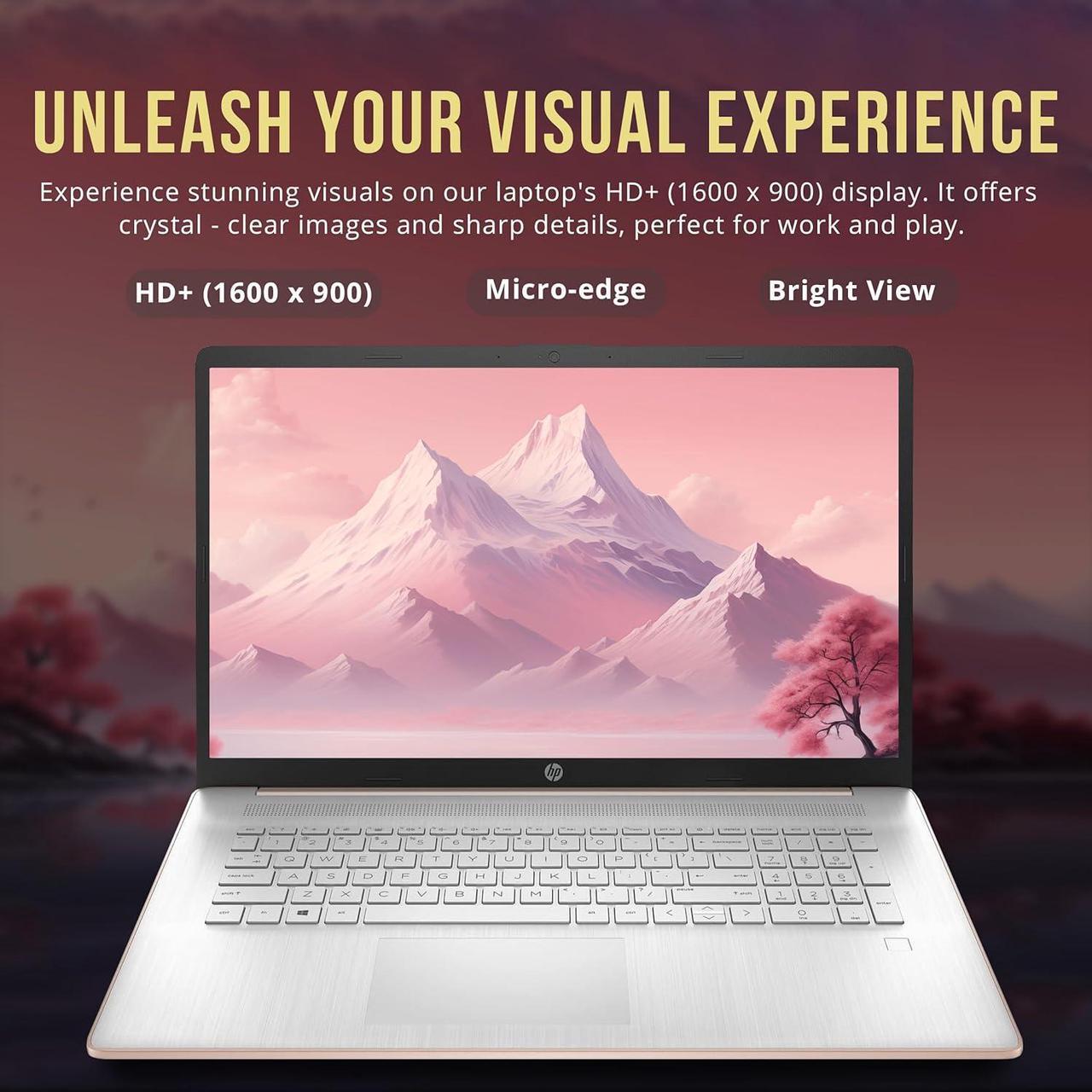 Alt view image 4 of 7 - HP 17.3" HD+ BrightView Laptop, Intel Celeron N4120, 4GB RAM, 416GB Storage (256GB SSD + 160GB Docking Station Set), Intel UHD Graphics, Numeric Keypad, HD Webcam, Wi-Fi, Windows 11 Pro, Rose Gold