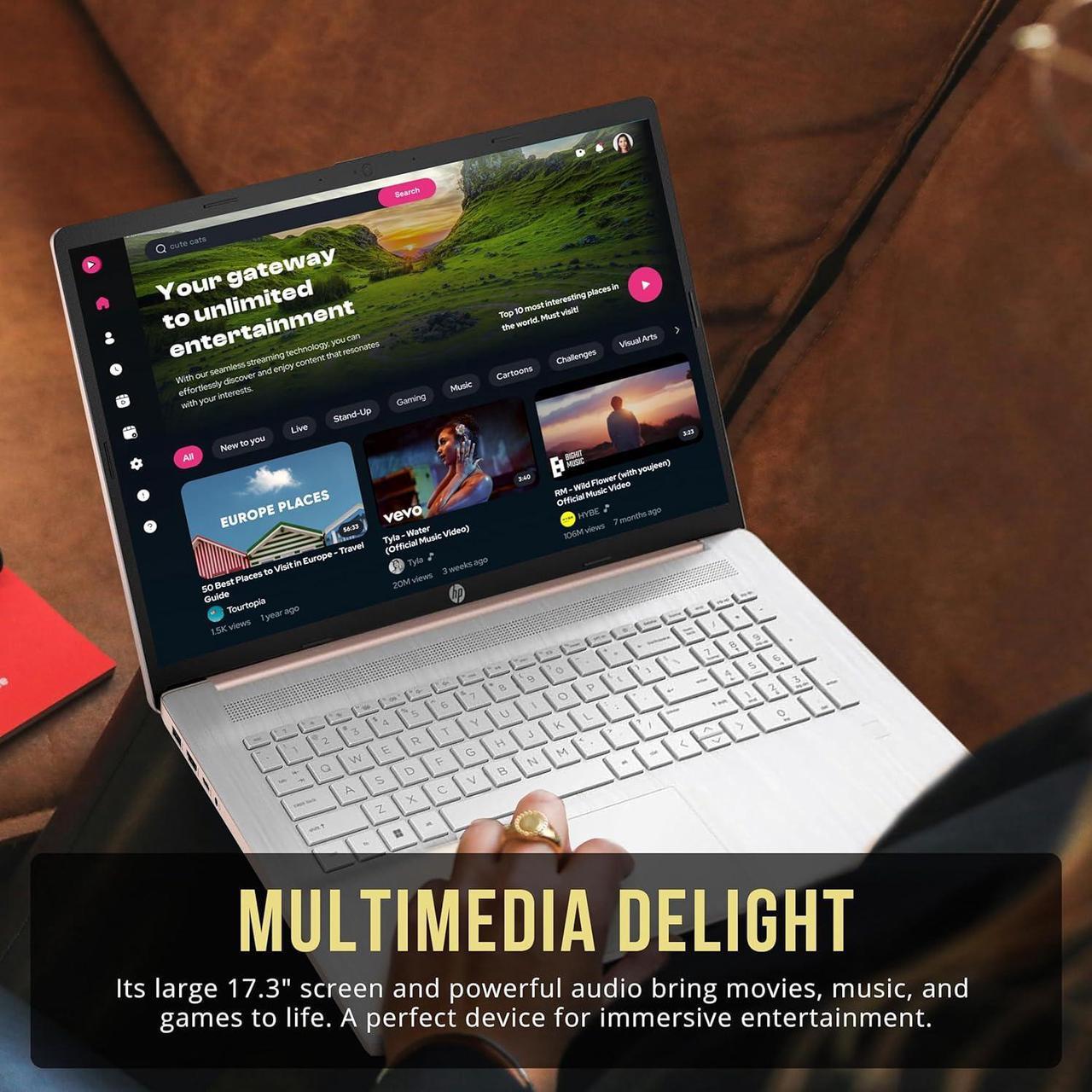 Alt view image 6 of 7 - HP 17.3" HD+ BrightView Laptop, Intel Celeron N4120, 4GB RAM, 416GB Storage (256GB SSD + 160GB Docking Station Set), Intel UHD Graphics, Numeric Keypad, HD Webcam, Wi-Fi, Windows 11 Pro, Rose Gold