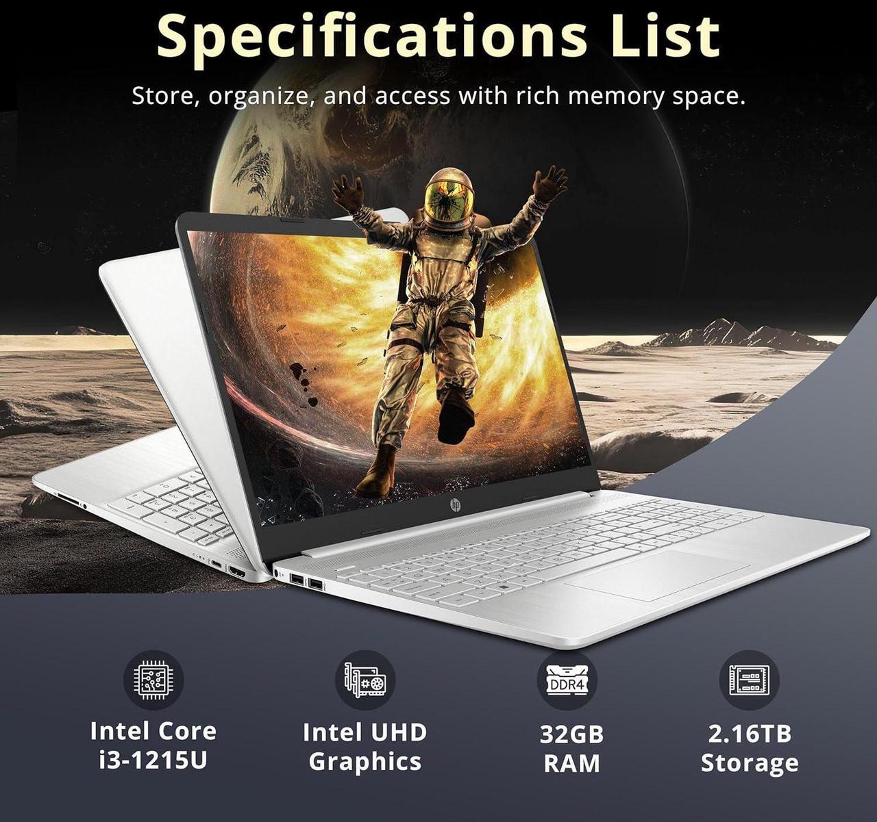 Alt view image 3 of 7 - HP 15.6" FHD Anti-Glare Laptop, Intel i3-1215U, 32GB DDR4 RAM, 2.16TB Storage(2TB SSD + 160GB Docking Station Set), Intel UHD Graphics, Full Size Keyboard, Webcam, Windows 11, Silver