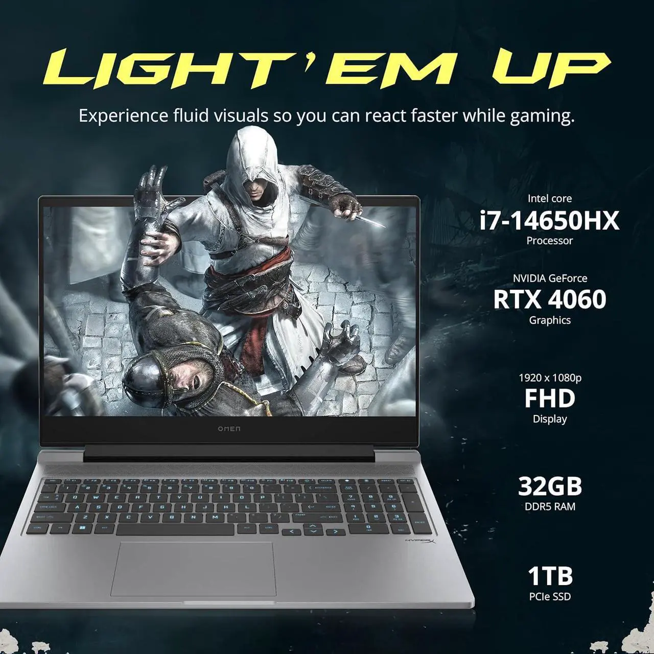 Alt view image 3 of 7 - HP Omen 16.1" FHD 144Hz Gaming Laptop, Intel i7-14650HX, 32GB DDR5 RAM, 1TB PCIe SSD, NVIDIA GeForce RTX 4060, RGB Backlit Keyboard, Webcam, Wi-Fi 6E, Win 11, Silver, 256GB Docking Station Set