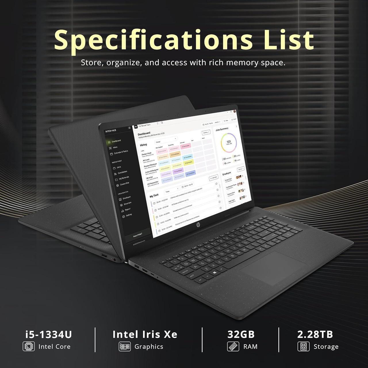 Alt view image 3 of 7 - HP 17.3" HD+ Laptop, Intel i5-1334U, 32GB RAM, 2.28TB Storage(2TB SSD+288GB Docking Station Set), Intel Iris Xe Graphics, Number Pad, Wi-Fi 6, 720p HD Camera, Win 11, Jet Black