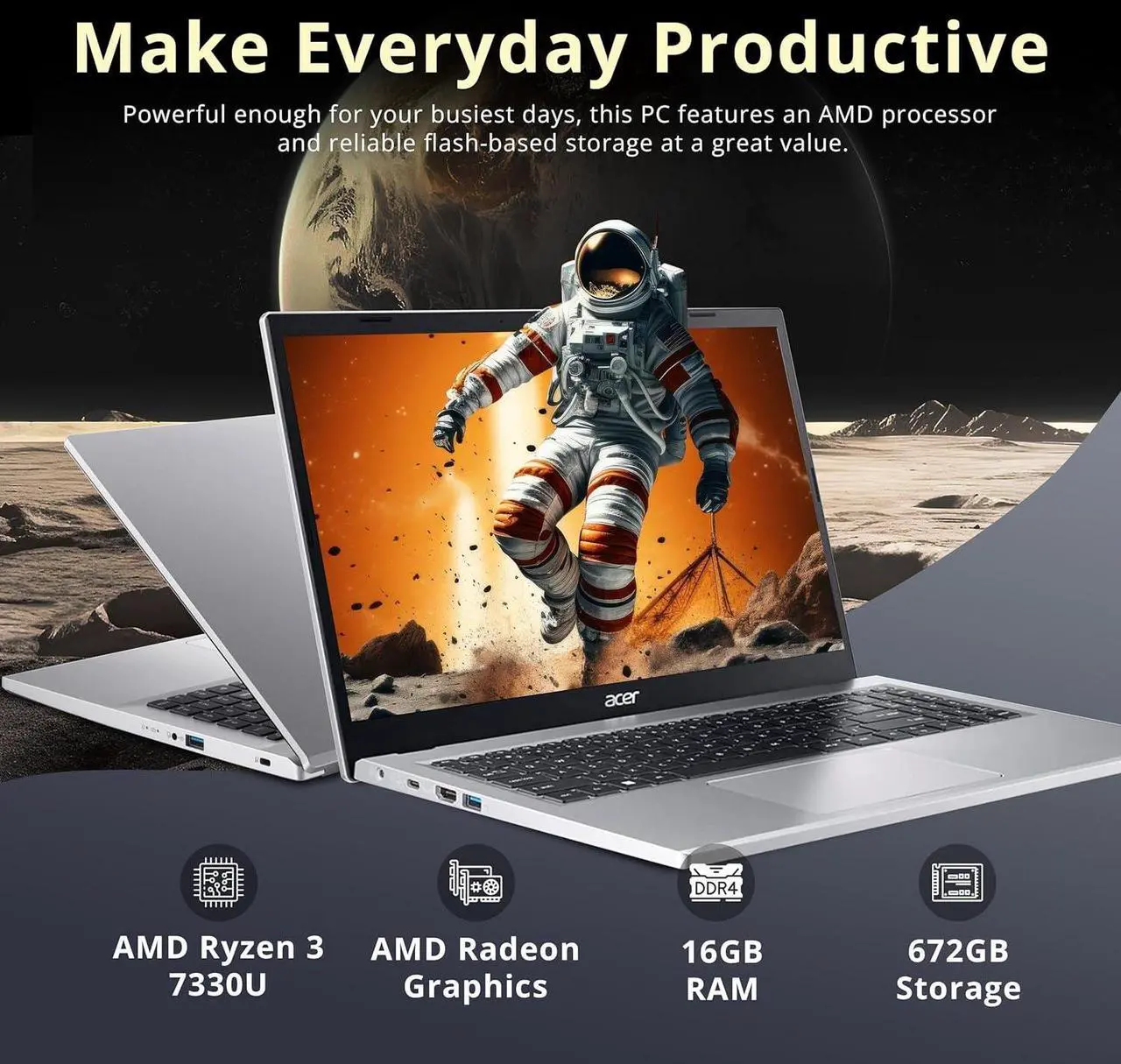 Alt view image 3 of 7 - acer Aspire 3 15.6" FHD Laptop, AMD Ryzen 3 7330U, 16GB DDR4 RAM, 672GB Storage(512GB SSD+160GB Docking Station Set), AMD Radeon Graphics, Backlit Keyboard, 720p HD Camera, Win 11 Pro, Silver