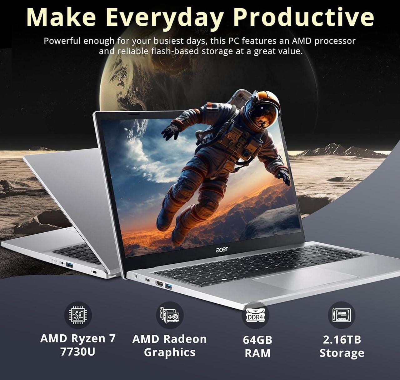 Alt view image 3 of 7 - acer Aspire 3 Laptop, 15.6" FHD Display, AMD Ryzen 7 7730U, 64GB RAM, 2.16TB Storage (2TB SSD+160GB Docking Station Set), AMD Radeon Graphics, Backlit Keyboard, Num Pad, Wi-Fi 6, Win 11 Pro, Silver